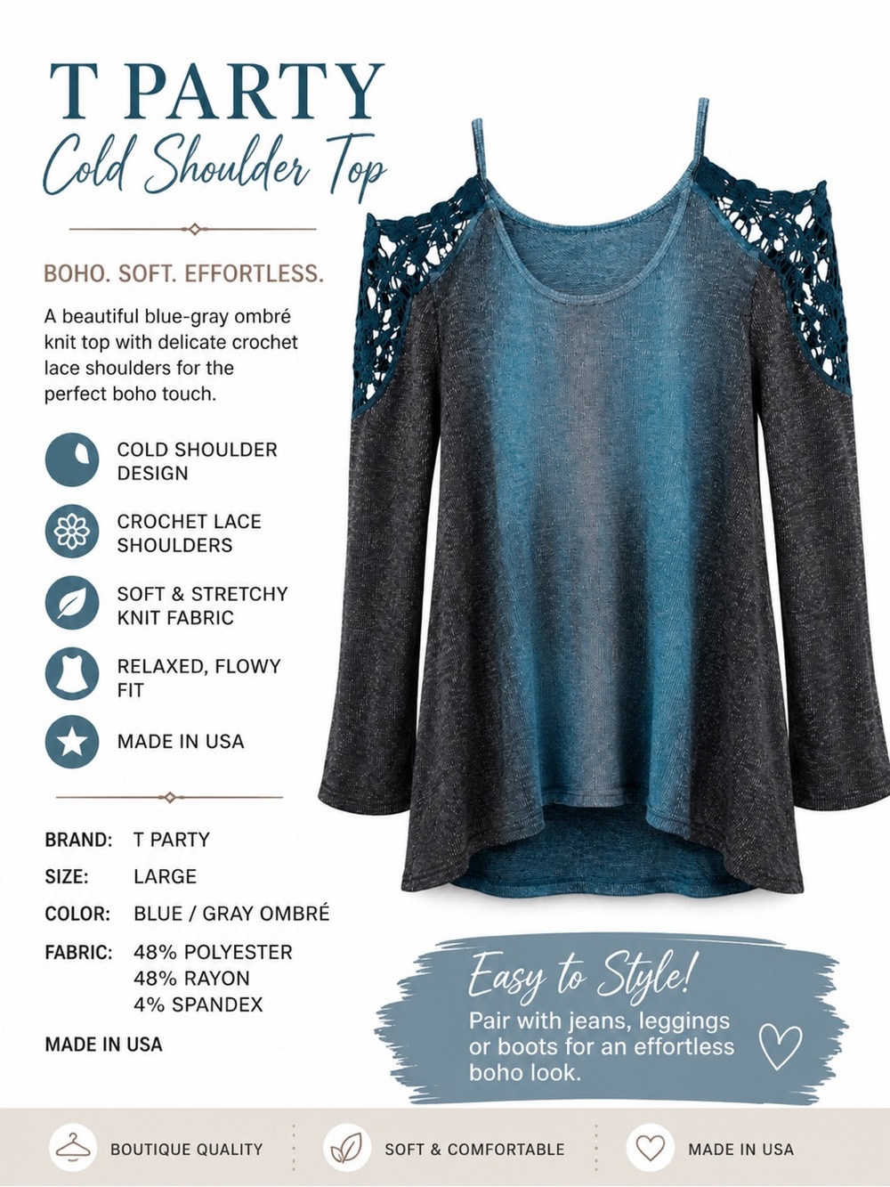 T Party Cold Shoulder Lace Trim Knit Top Blue Gray Ombre Size Large USA Made
